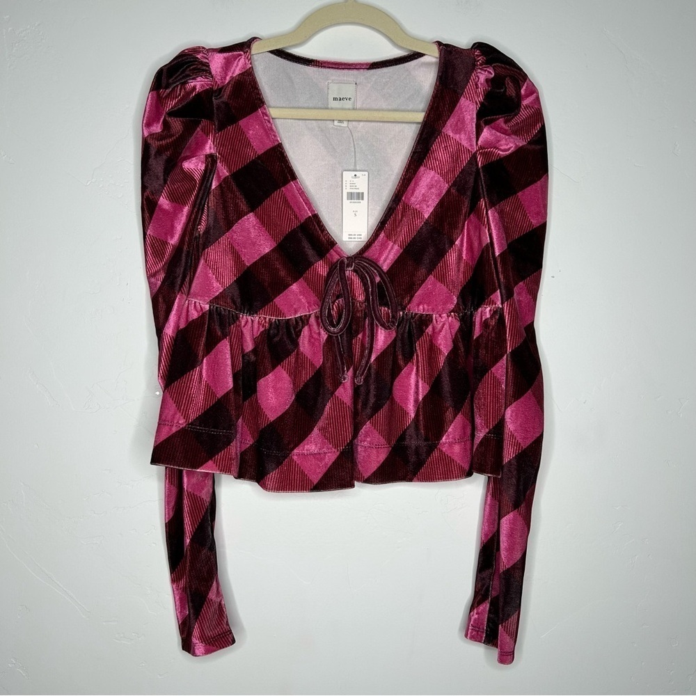 NWT Maeve Velvet Pink Maroon Plaid Puff Long Sleeve Top Low Cut‎ Size Small